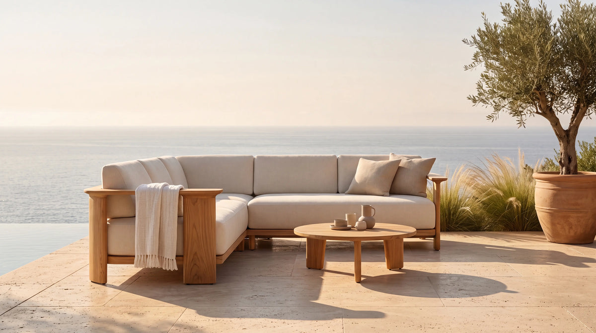 Amy Ann Living Venturo teak outdoor sofa on a Mediterranean stone terrace at golden hour