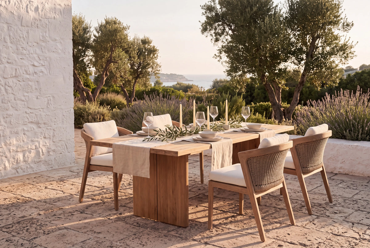 Solis solid teak outdoor dining table surrounded by Adenza teak dining chairs with woven rope backs, set for an evening gathering on a Mediterranean terrace at golden hour