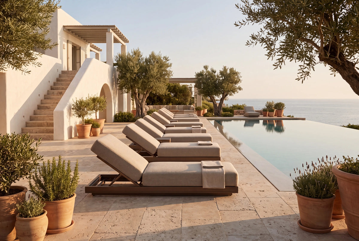A row of Solis sun loungers along a Mediterranean infinity pool at golden hour