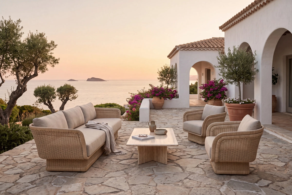 Riviera woven sofa and lounge chairs on a Mediterranean ocean terrace at golden hour